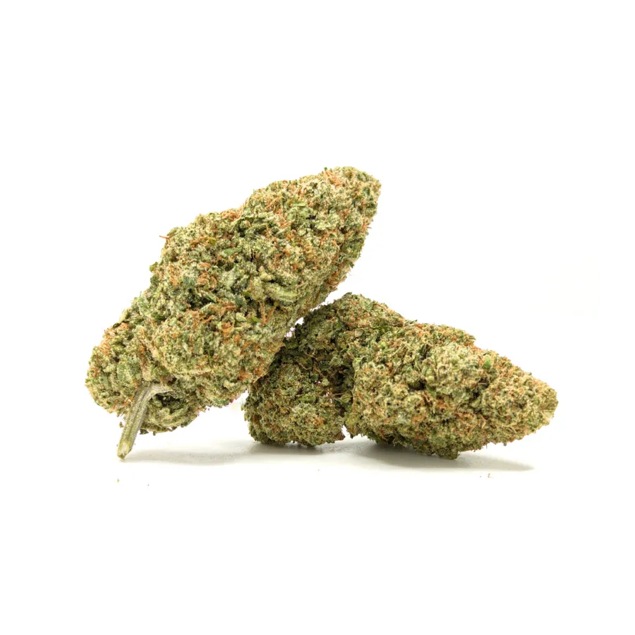 BUBBLEGUM CBD – dos cogollos CBD compactos, verdes con pistilos ámbar y tricomas visibles, aroma dulce tipo chicle