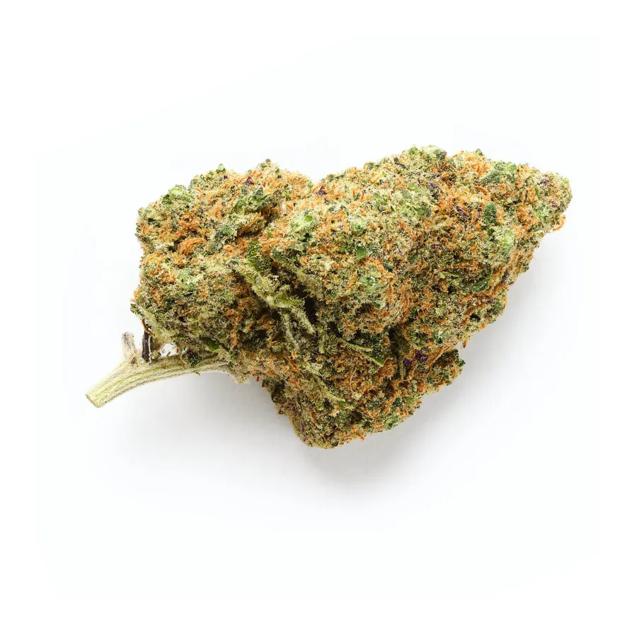 Cogollo de Sweet Berry CBD verde, compacto, con abundantes pistilos anaranjados y tricomas